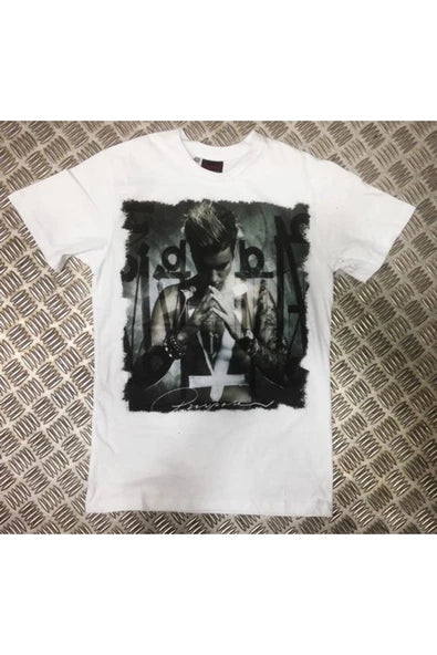 Justin Bieber Grunge dokulu koyu portre baskılı beyaz tişört