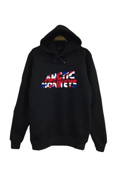 Arctic Monkeys Yazısı Union Jack dolgulu baskılı siyah kapüşonlu sweatshirt