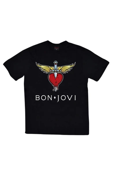 Bon Jovi Kanatlı kalp ve hançer baskılı siyah tişört