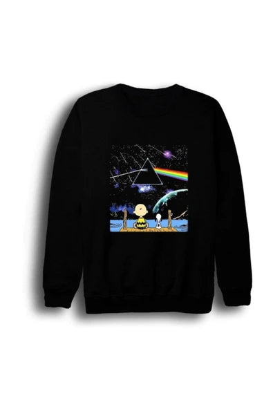 Pink Floyd Prizma ve Snoopy/Peanuts baskılı siyah sweatshirt