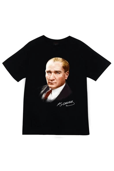 fame-stoned Gazi Mustafa Kemal Atatürk Baskılı Unisex %100 Pamuk Siyah T-shirt