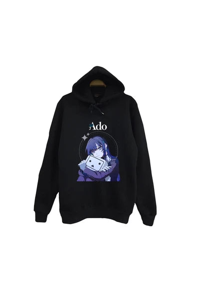 fame-stoned Ado Japon - K-Pop - Rock - Müzik Baskılı Unisex %100 Pamuk Kapüşonlu Siyah Sweatshirt
