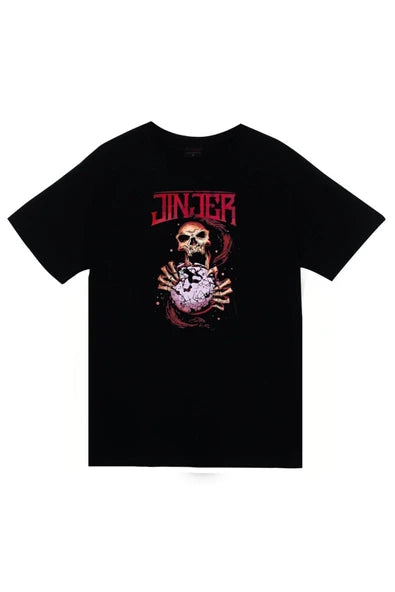 Jinjer Logosu ve kristal küre baskılı siyah tişört
