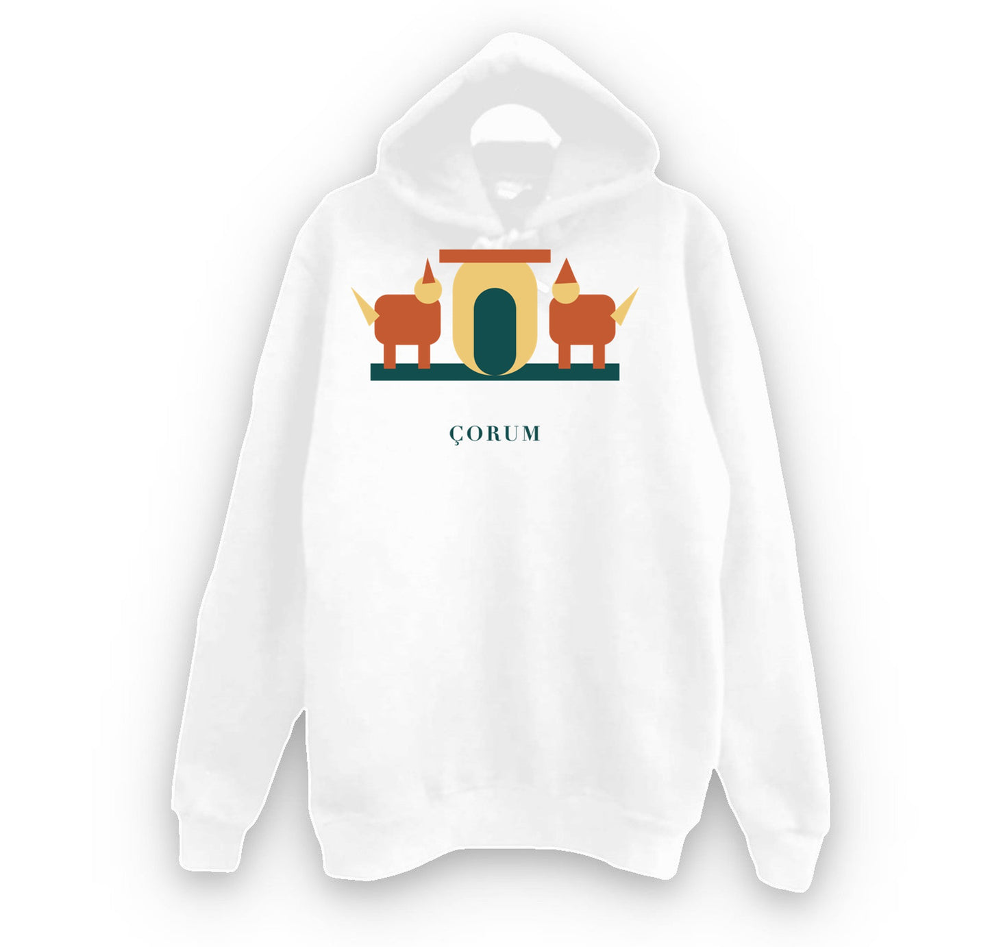 Çorum Alacahöyük Sfenksli Kapı baskılı beyaz kapüşonlu sweatshirt