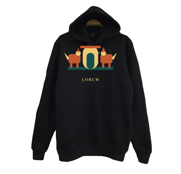 Çorum Alacahöyük Sfenksli Kapı baskılı siyah kapüşonlu sweatshirt