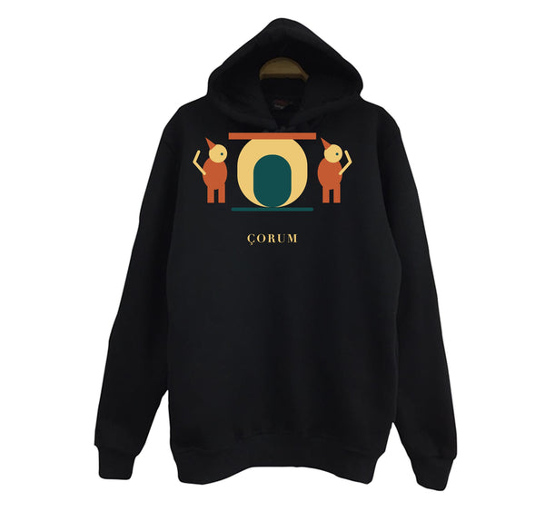 Çorum Hattuşa Aslanlı Kapı baskılı siyah kapüşonlu sweatshirt
