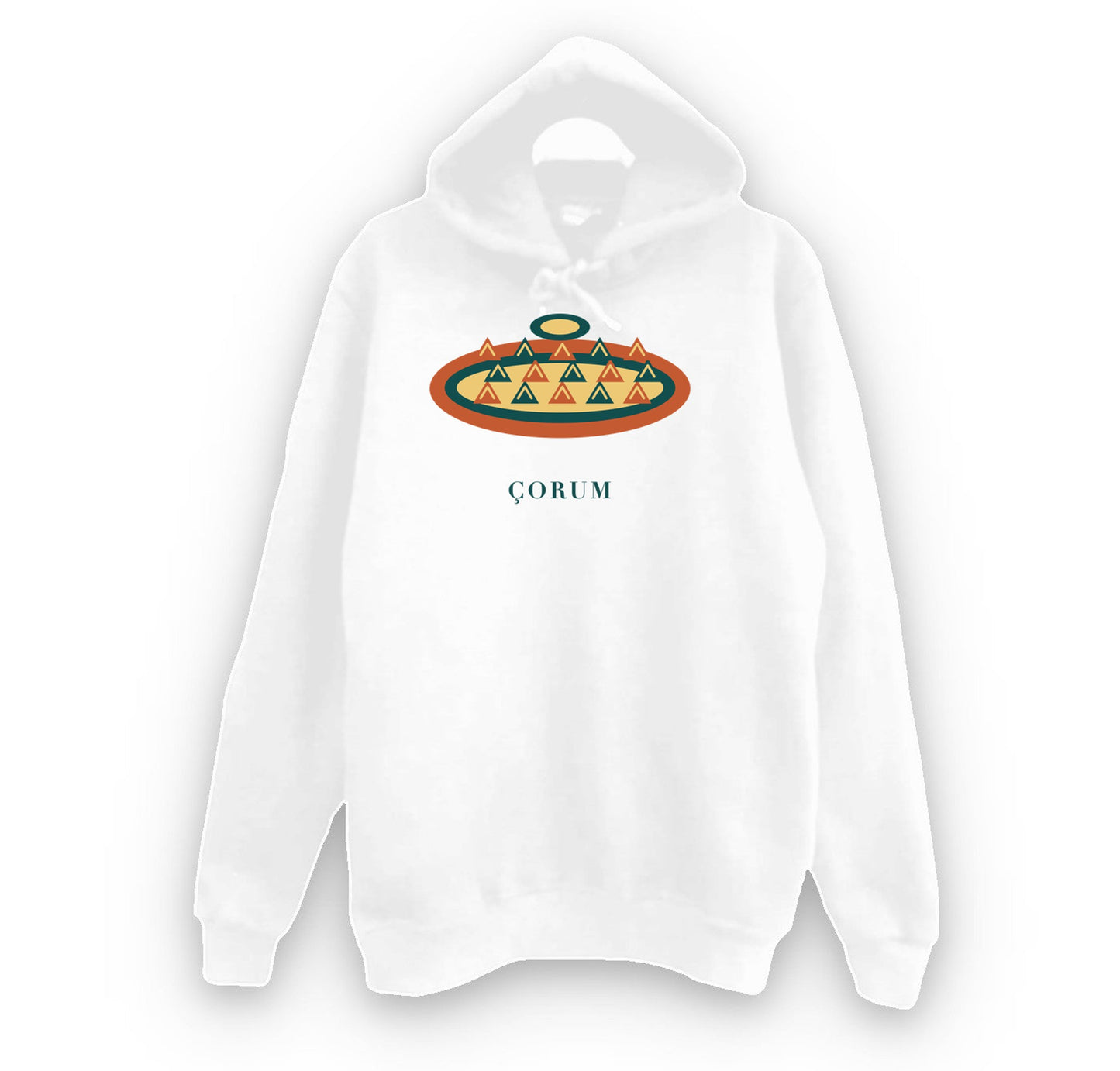 Çorum Kuru Mantısı baskılı beyaz kapüşonlu sweatshirt