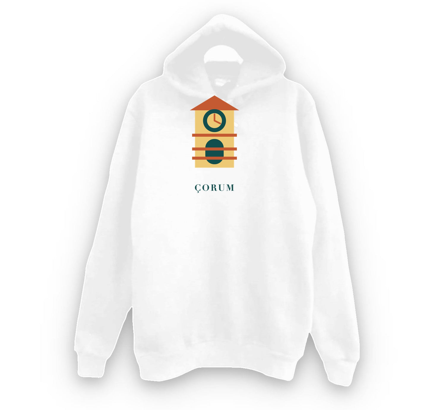 Çorum Saat Kulesi baskılı beyaz kapüşonlu sweatshirt