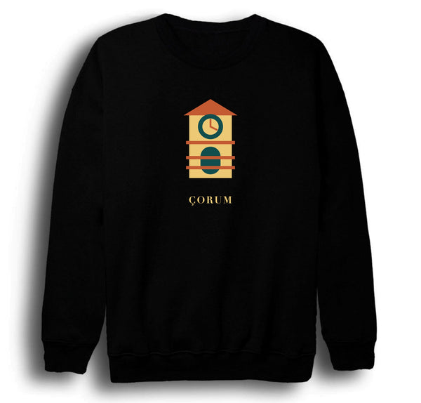 Çorum Saat Kulesi baskılı siyah sweatshirt