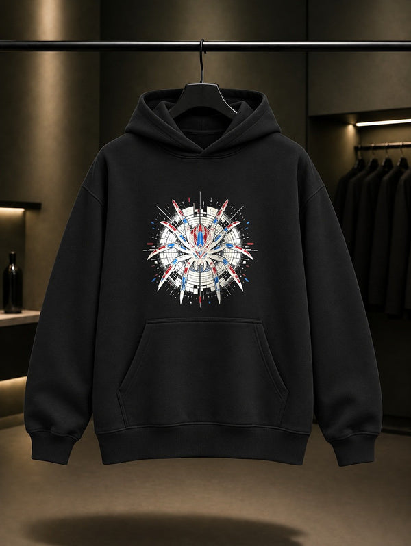 Siber Mekanik Örümcek baskılı siyah kapüşonlu sweatshirt