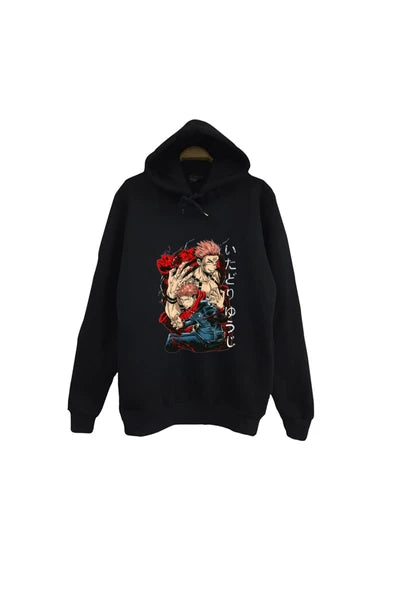 Jujutsu Kaisen Itadori Yuji illüstrasyonu baskılı siyah kapüşonlu sweatshirt