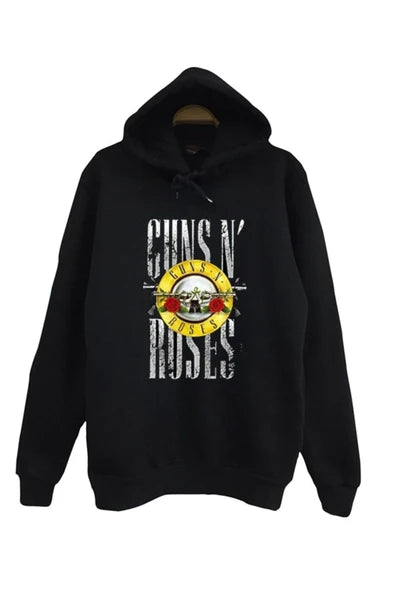 Guns N Roses Eskitilmiş logo ve tabanca-güller baskılı siyah kapüşonlu sweatshirt