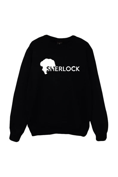 Sherlock Holmes yazısı ve saç baskılı siyah sweatshirt