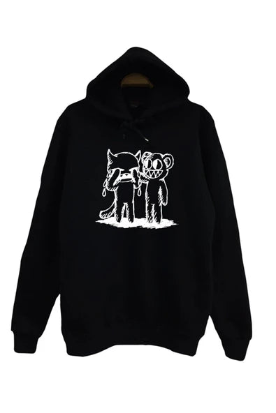 Radiohead Erimis gozlu iki çizgi baskılı siyah kapüşonlu sweatshirt