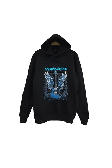 Soundgarden - Müzik Grubu Kanatli mavi gitar baskılı siyah kapüşonlu sweatshirt