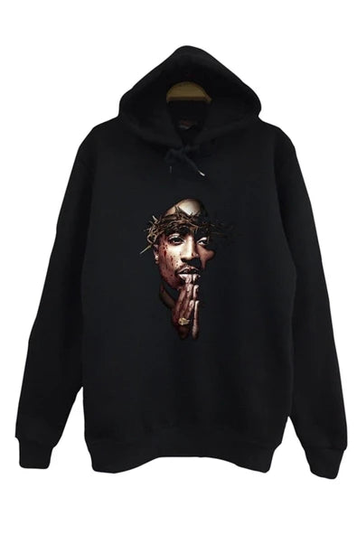 Tupac Shakur baskılı siyah kapüşonlu sweatshirt