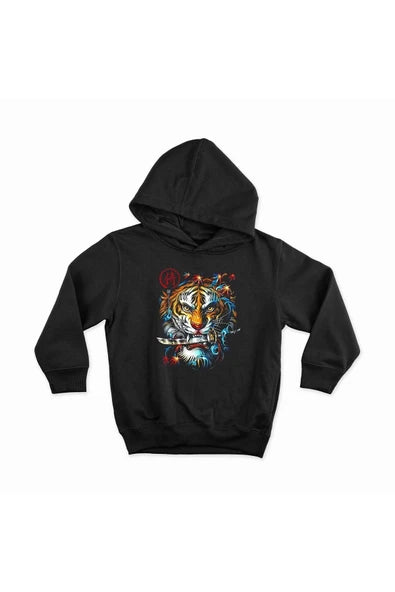Aslan baskılı siyah kapüşonlu sweatshirt