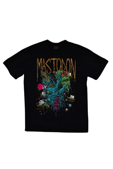 Mastadon Logosu ve renkli deniz baskılı siyah tişört