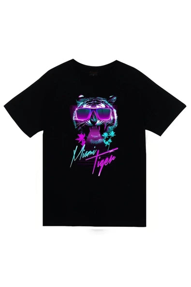 fame-stoned Kaplan Baskılı Unisex %100 Pamuk Siyah T-shirt