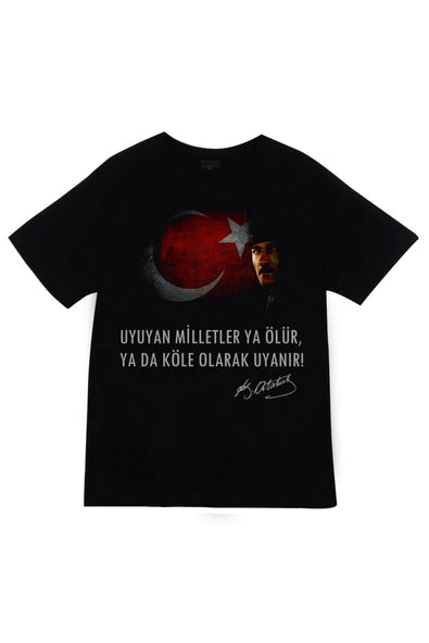 fame-stoned Gazi Mustafa Kemal Atatürk Baskılı Unisex %100 Pamuk Siyah T-shirt