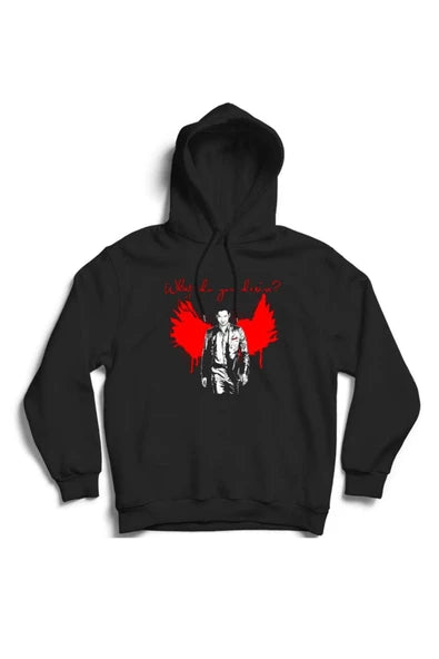 What Do You Desire Kırmızı kanat silüeti önünde baskılı siyah kapüşonlu sweatshirt
