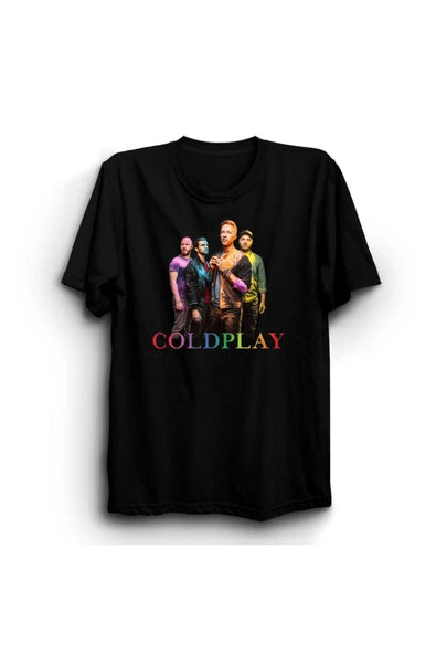 Coldplay Fotoğrafı ve renkli logo baskılı siyah tişört