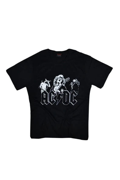 fame-stoned Erkek Siyah Ac-Dc Baskılı T-Shirt