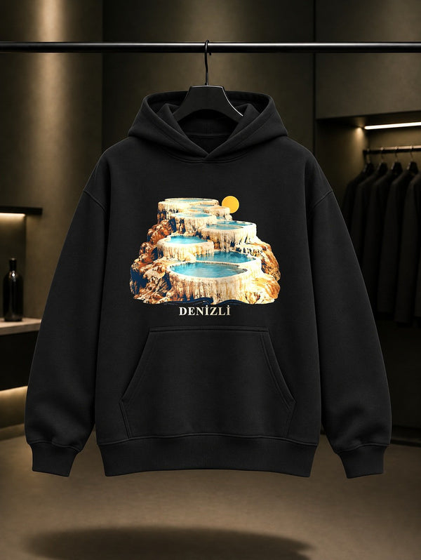 Denizli Cabut Aşı baskılı siyah kapüşonlu sweatshirt