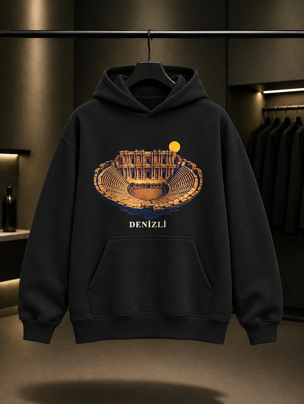 Denizli Hierapolis Antik Tiyatrosu baskılı siyah kapüşonlu sweatshirt
