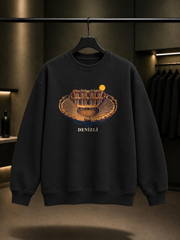 Denizli Hierapolis Antik Tiyatrosu baskılı siyah sweatshirt
