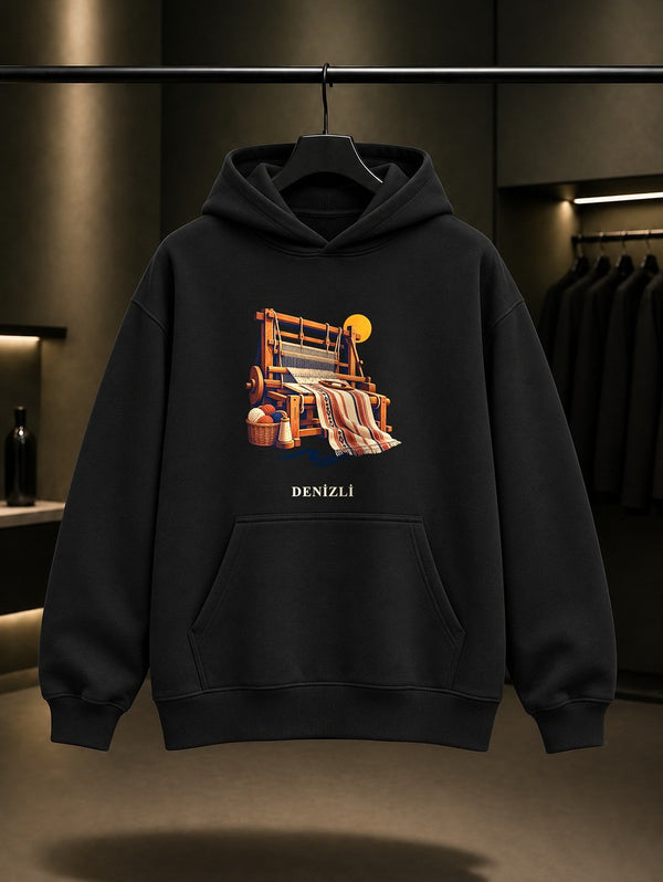Denizli Kale Biberi baskılı siyah kapüşonlu sweatshirt