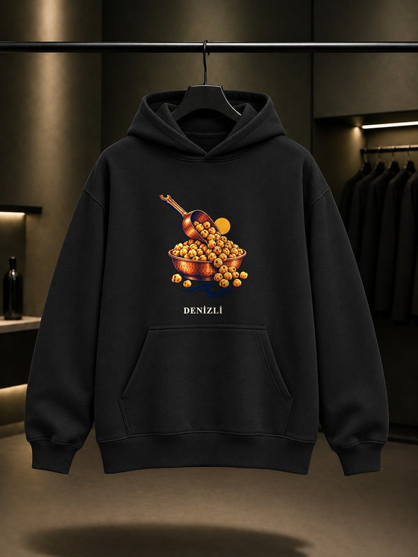Denizli Tavas Pidesi baskılı siyah kapüşonlu sweatshirt