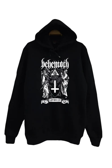 Behemoth Satanist' albüm kapağı baskılı siyah kapüşonlu sweatshirt