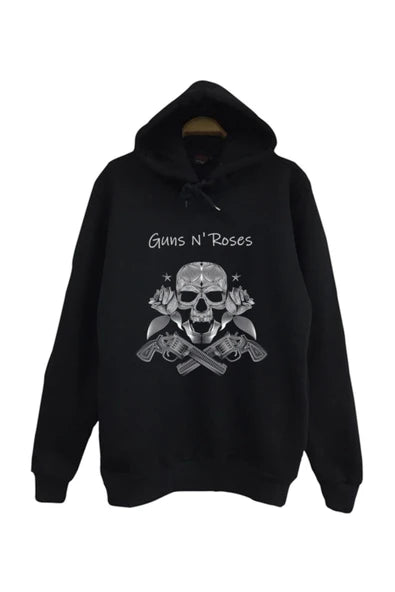 Guns N Roses Kurukafa, tabancalar ve guller baskılı siyah kapüşonlu sweatshirt