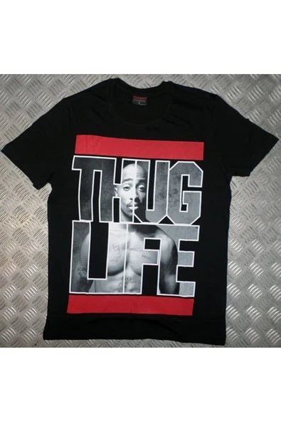 Thug Lıfe Tupac Life' portre baskılı siyah tişört