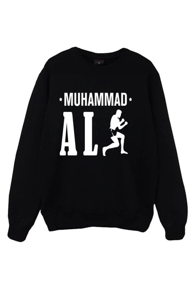 Muhammed Ali Boksör silueti ve isim baskılı siyah sweatshirt