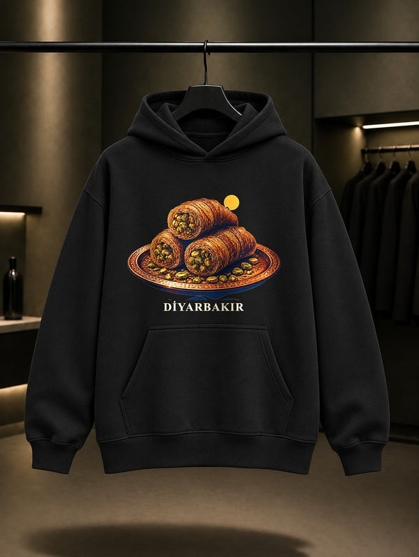 Diyarbakır Zerzevan Kalesi baskılı siyah kapüşonlu sweatshirt