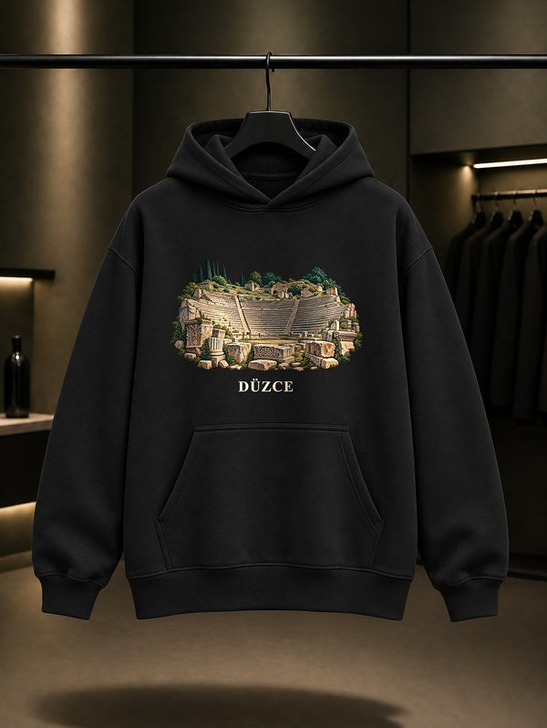 Düzce Konuralp Tiyatrosu baskılı siyah kapüşonlu sweatshirt