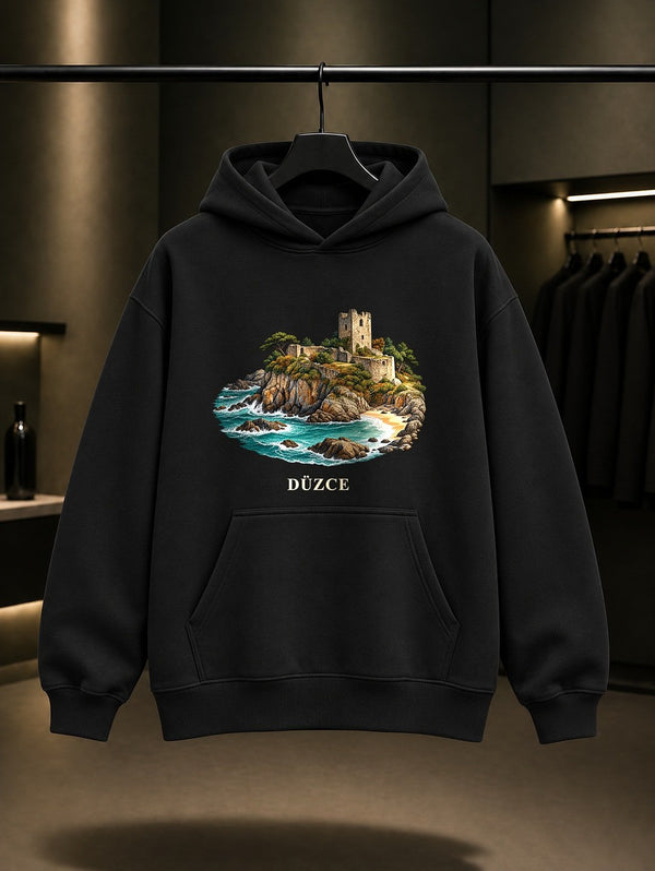 Düzce Ceneviz Kalesi baskılı siyah kapüşonlu sweatshirt