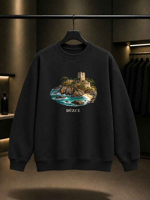 Düzce Ceneviz Kalesi baskılı siyah sweatshirt