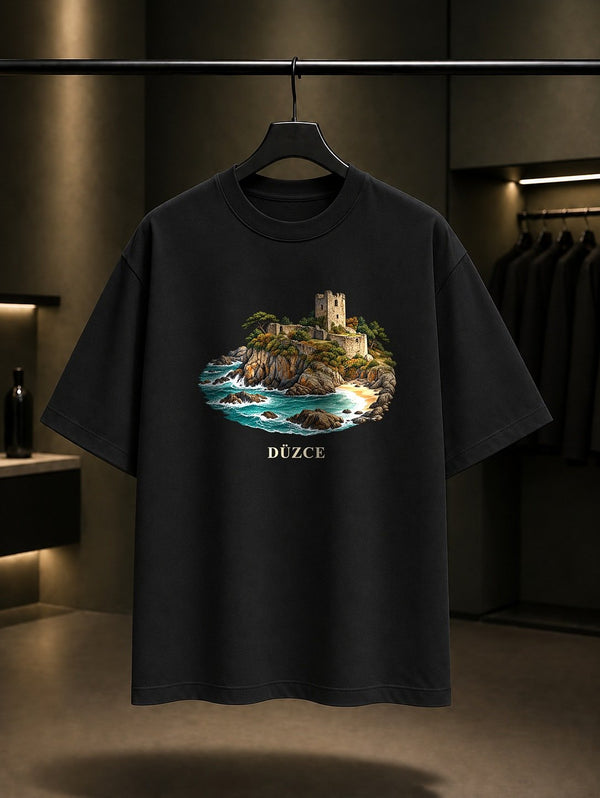 Düzce Ceneviz Kalesi baskılı siyah t-shirt