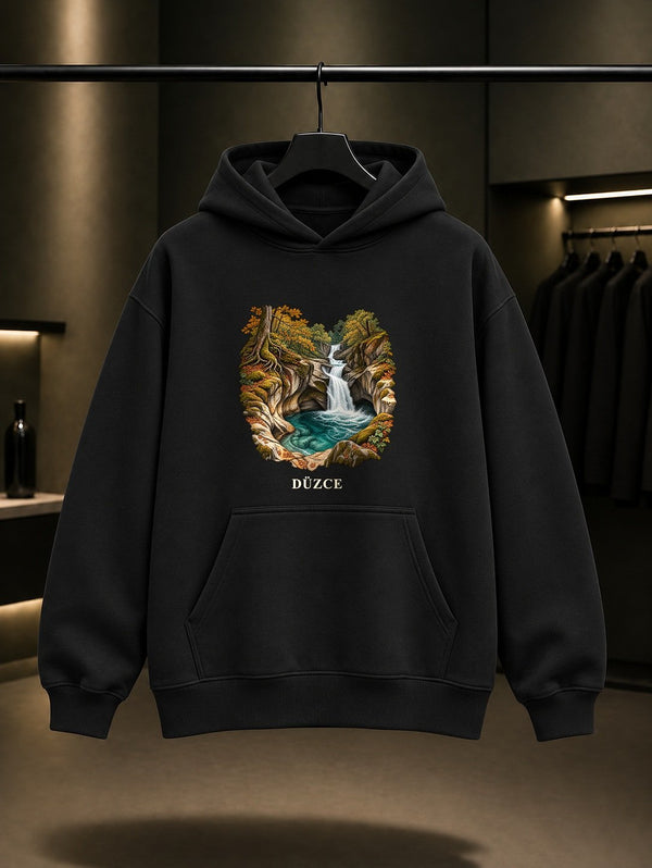 Düzce Samandere Şelalesi baskılı siyah kapüşonlu sweatshirt