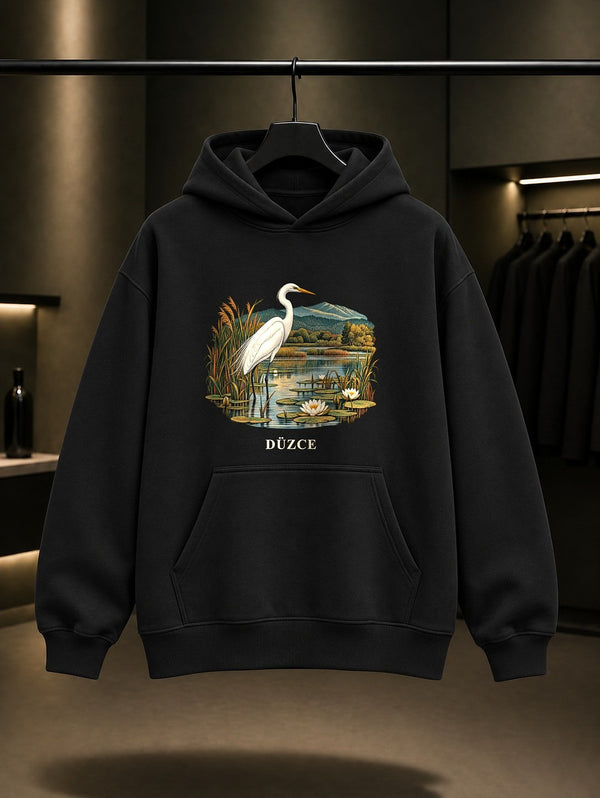 Düzce Efteni Gölü baskılı siyah kapüşonlu sweatshirt