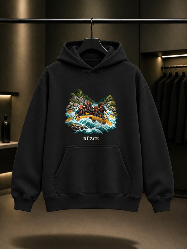 Düzce Melen Rafting baskılı siyah kapüşonlu sweatshirt