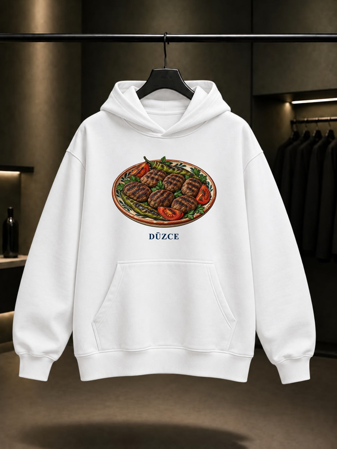 Düzce Köftesi baskılı beyaz kapüşonlu sweatshirt