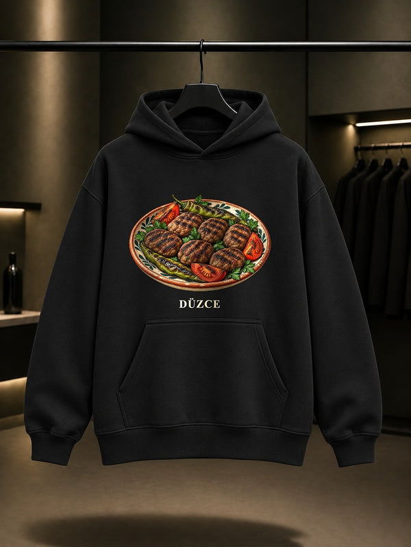 Düzce Köftesi baskılı siyah kapüşonlu sweatshirt
