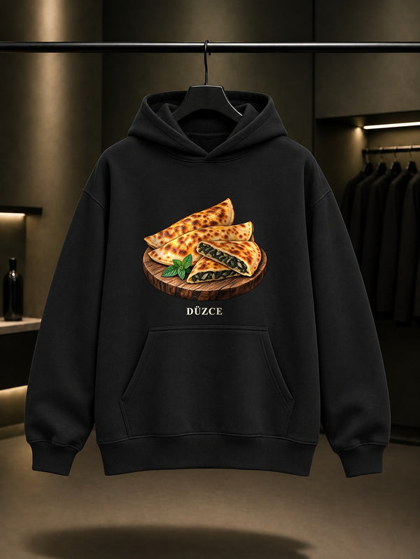Düzce Mancarlı Pide baskılı siyah kapüşonlu sweatshirt
