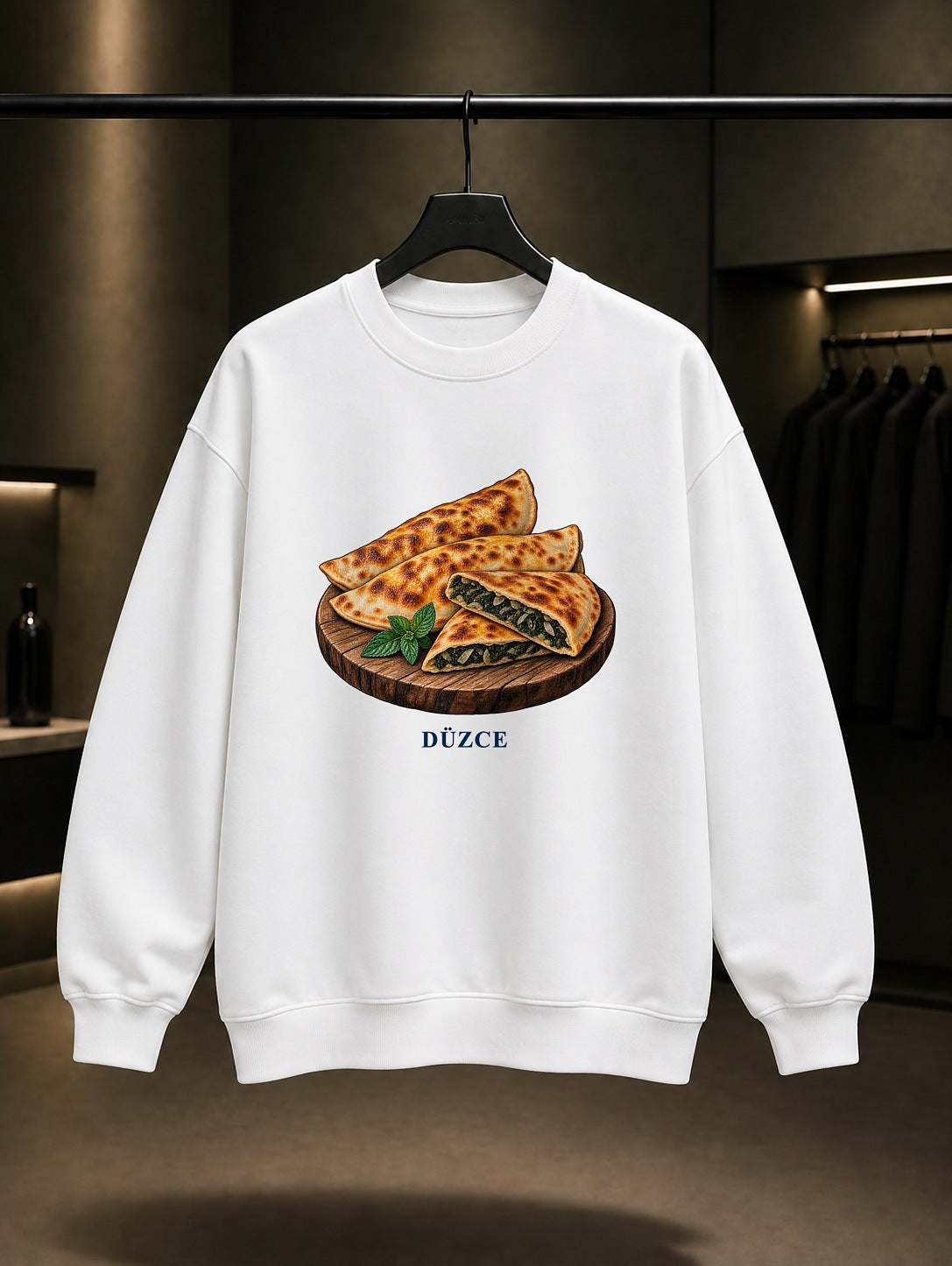 Düzce Mancarlı Pide baskılı beyaz sweatshirt