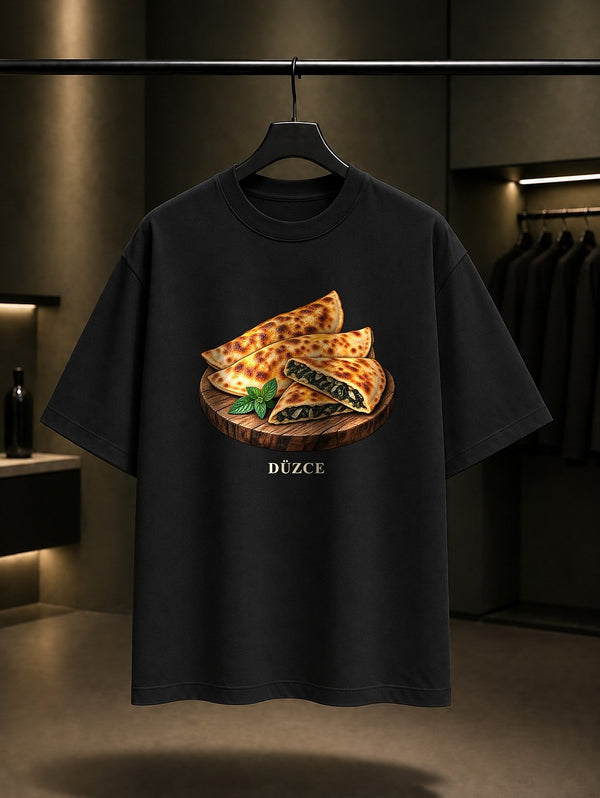 Düzce Mancarlı Pide baskılı siyah t-shirt