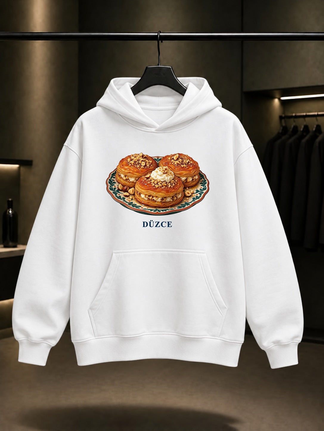 Düzce Melengüççeği baskılı beyaz kapüşonlu sweatshirt